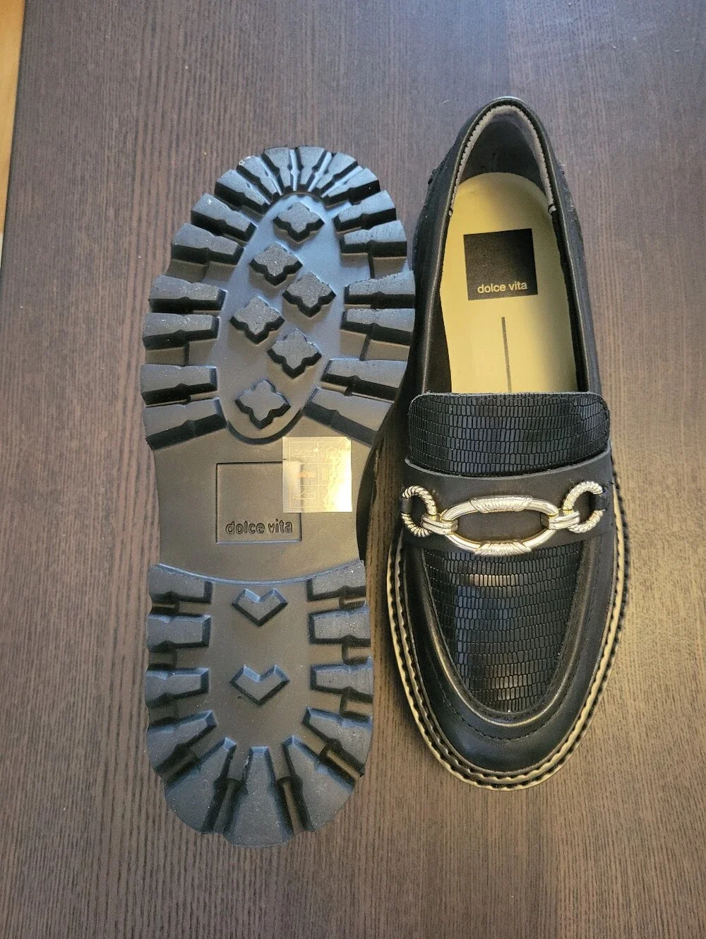 Dolce Vita Black Loafers with Gold Chain Accent